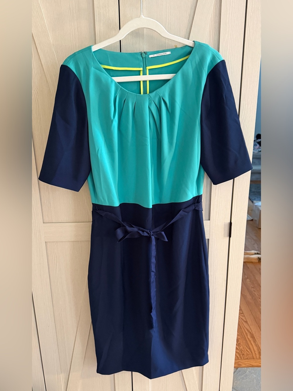 T Tahari Teal and Navy Colorblock Midi Sheath Dress